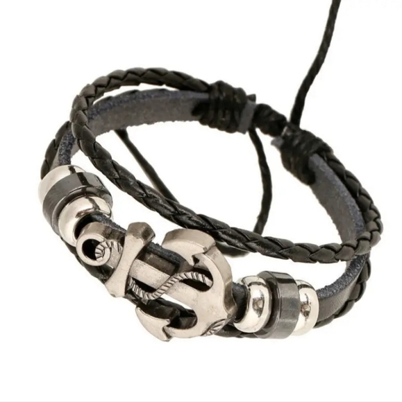Unisex Vintage Boat Anchor Leather Adjustable Multi Layer Braided Bracelet - Picture 2 of 3